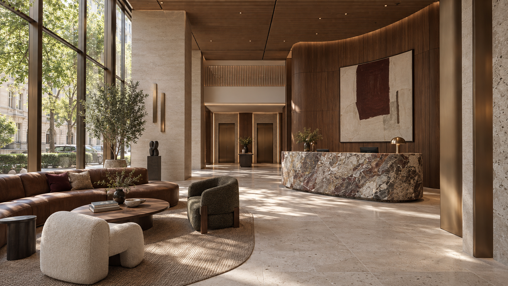 NUSH concept of a naturally lit residential lobby with stone reception and walnut finishes